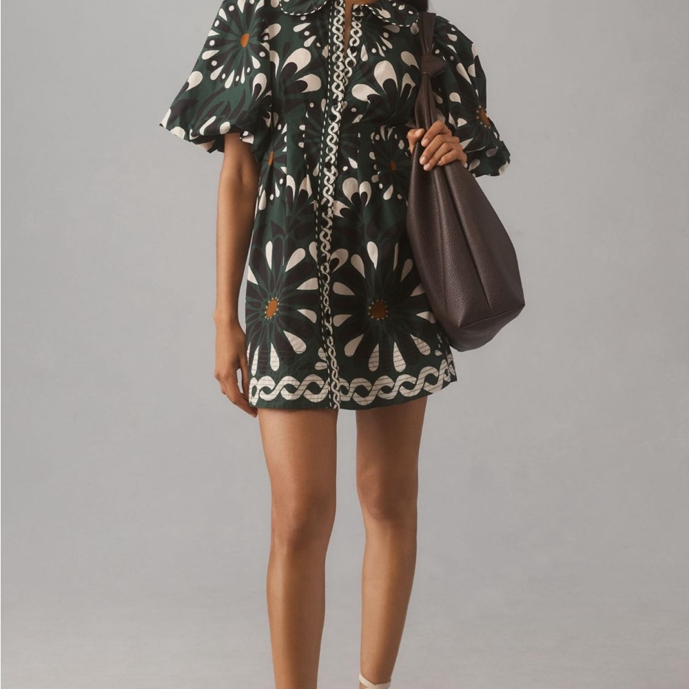 Farm Rio Jungle Green Short Puff Sleeve Dress Tropical NWT